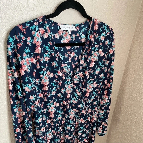 WAYF Navy Floral Faux Wrap Dress Long Sleeve Small - Picture 7 of 7